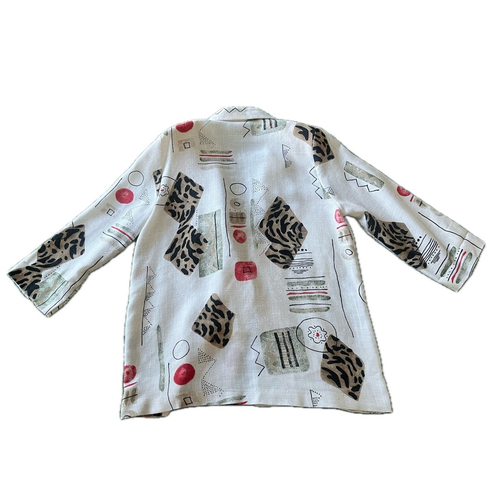 Vintage 90s Geometric Leopard Linen Blend Blazer Jacket Sz L Funky Art Deco Chic - Picture 6 of 6